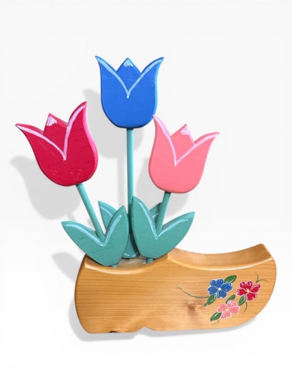 Vintage Folk Art - Handcrafted Dutch Wooden Shoe w/Tulips